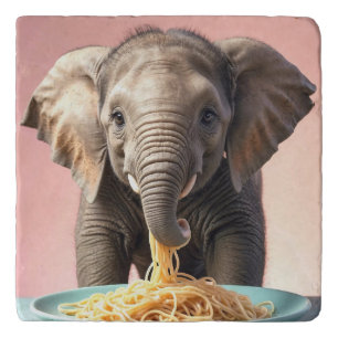Cute Baby Elephant Eating Spaghetti Trivet