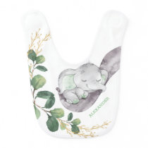 Cute Baby Elephant / Elegant Greenery Gold Leaves Baby Bib Cute Baby Elephant / Elegant Greenery Gold Leaves Baby Bib