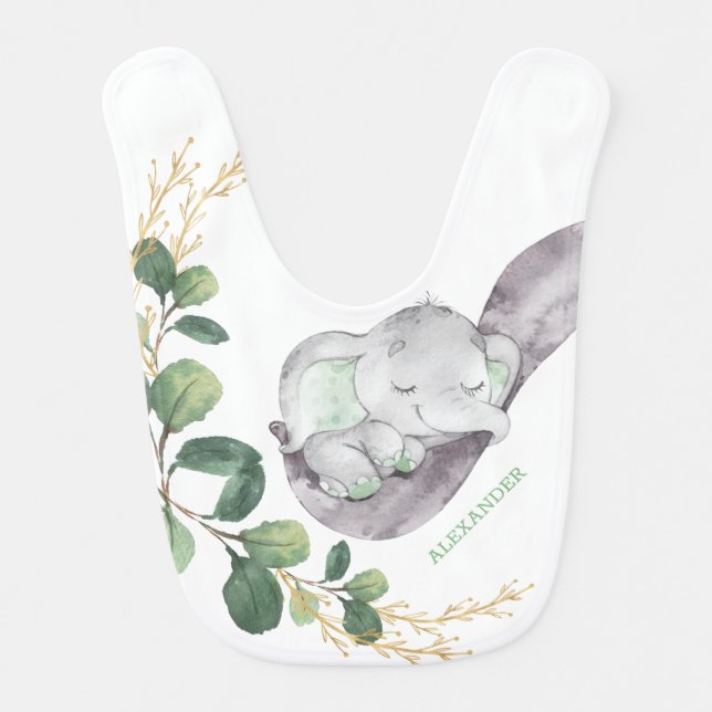 Cute Baby Elephant / Elegant Greenery Gold Leaves Baby Bib (Front)