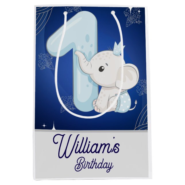Cute Baby Elephant First Birthday Medium Gift Bag (Front)