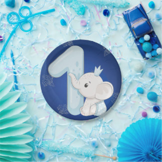 Cute Baby Elephant First Birthday Paper Plates