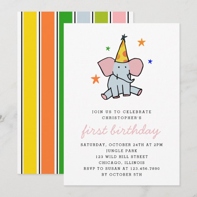 Cute Baby Elephant First Birthday Party Invitation (Front/Back)