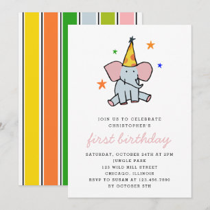 Cute Baby Elephant First Birthday Party Invitation