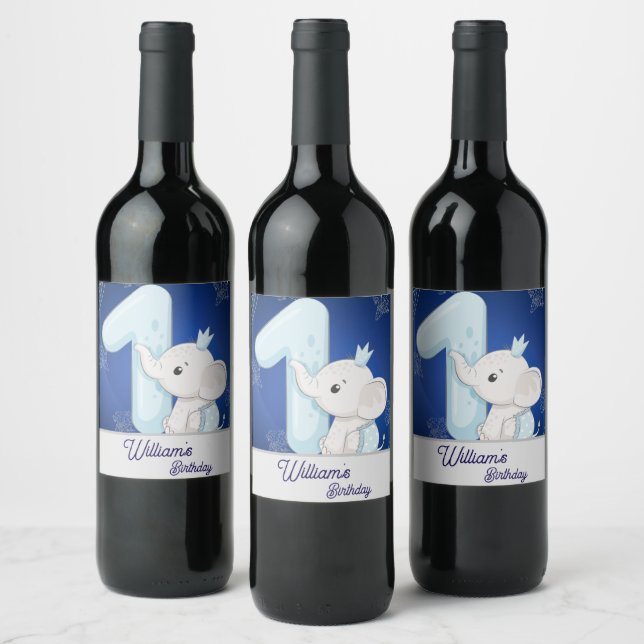 Cute Baby Elephant First Birthday Wine Label (Bottles)