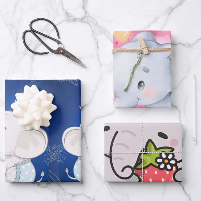 Cute Baby Elephant First Birthday Wrapping Paper Sheets (Front)