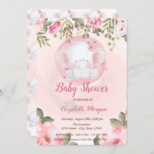 Cute Baby Elephant Floral Baby Shower Invitation