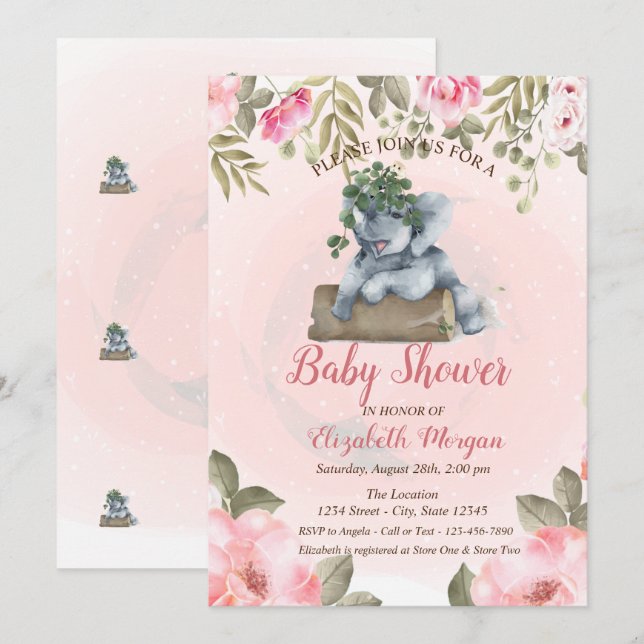 Cute Baby Elephant,Floral Baby Shower Invitation (Front/Back)