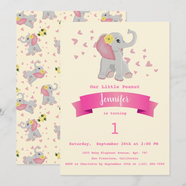 Cute Baby Elephant Floral First Birthday Party Invitation (Front/Back)