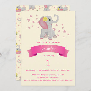 Cute Baby Elephant Floral First Birthday Party Invitation