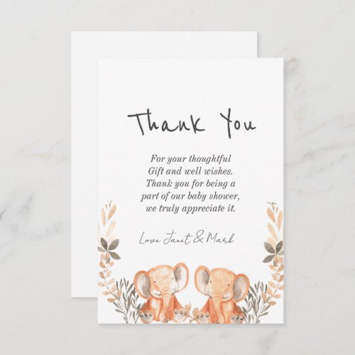 Cute Baby Elephant Floral Handwriting Baby Shower  Thank You Card