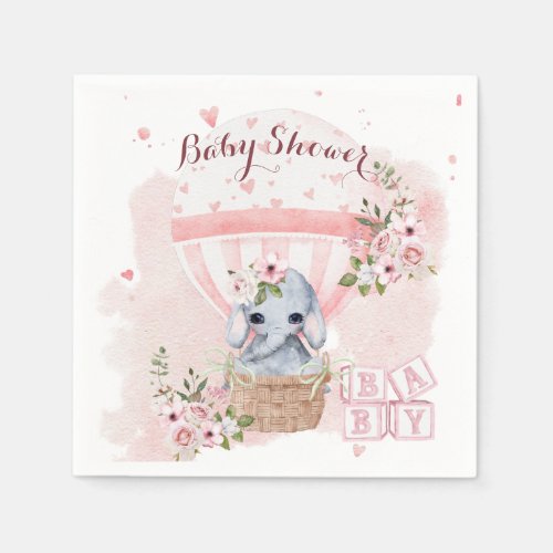 Cute Baby Elephant Floral Pink Baby Shower Napkins