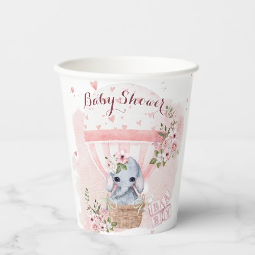 Cute Baby Elephant Floral Pink Baby Shower Paper Cups