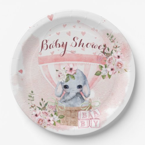 Cute Baby Elephant Floral Pink Baby Shower  Paper Plates