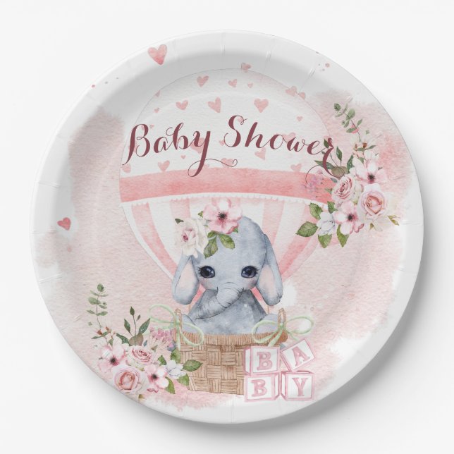 Cute Baby Elephant Floral Pink Baby Shower  Paper Plates (Front)