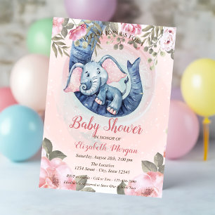 Cute Baby Elephant Floral Pink Dots Baby Shower Invitation