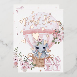  Cute Baby Elephant Floral Pink Rose Foil Invitation