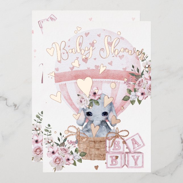  Cute Baby Elephant Floral Pink Rose Foil Invitation (Front/Back)