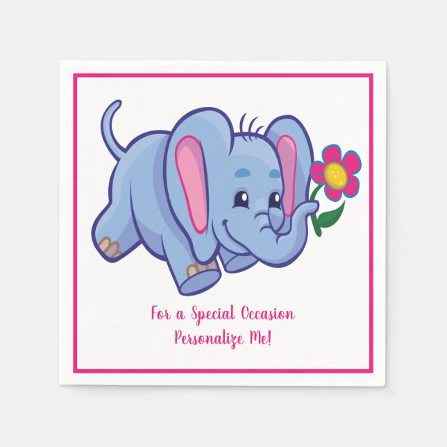 Cute Baby Elephant & Flower Personalized Napkins (Front)