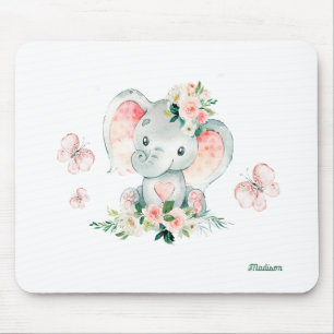 Cute baby elephant flowers and butterflies mouse pad