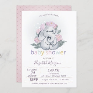 Cute Baby Elephant Flowers Polka Dots Baby Shower Invitation