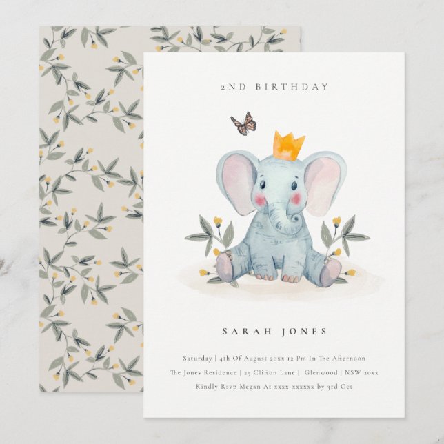 Cute Baby Elephant Foliage Any Age Birthday Invite (Front/Back)