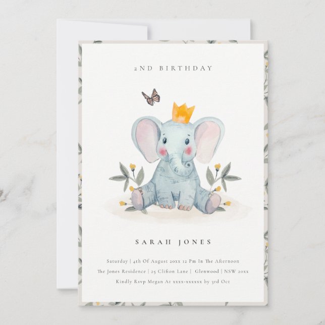 Cute Baby Elephant Foliage Any Age Birthday Invite (Front)