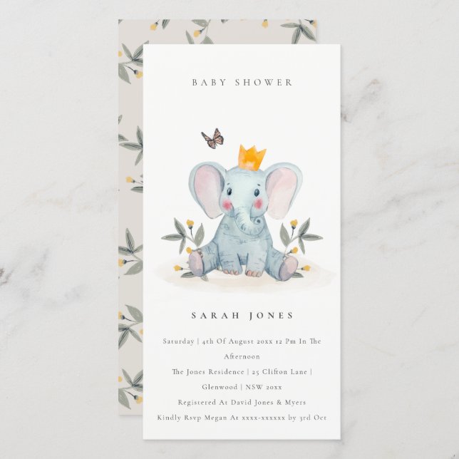 Cute Baby Elephant Foliage Baby Shower Invite (Front/Back)