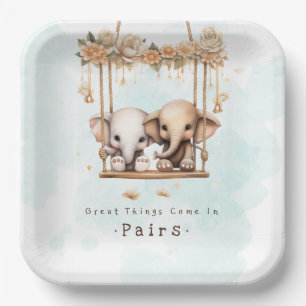 Cute Baby Elephant Gender Neutral Twin Baby Shower Paper Plates