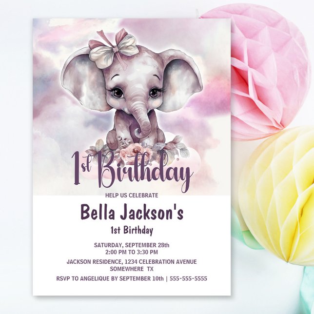 Cute Baby Elephant Girl 1st Birthday Party Invitation (Creator Uploaded)