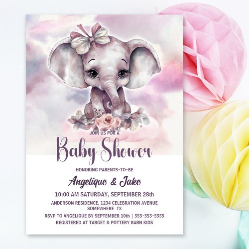 Cute Baby Elephant Girl Baby Shower Invitation