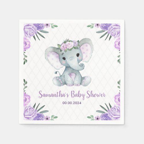 Cute Baby Elephant Girl Purple Floral Paper Napkin