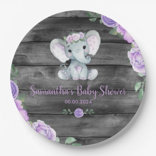 Cute Baby Elephant Girl Purple Floral Paper Plates