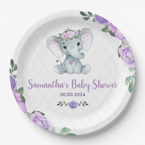 Cute Baby Elephant Girl Purple Floral Paper Plates