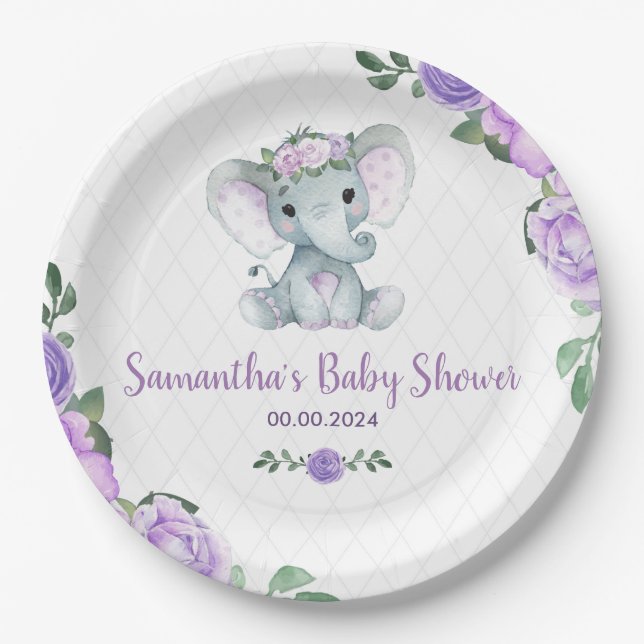 Cute Baby Elephant Girl Purple Floral Paper Plates (Front)