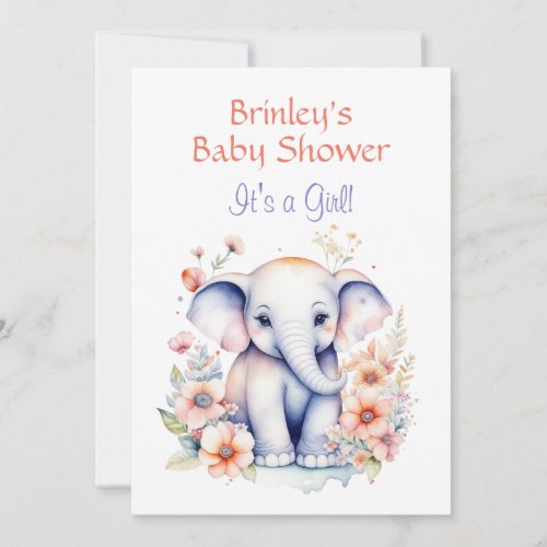 Cute Baby Elephant Girls Baby Shower  Invitation