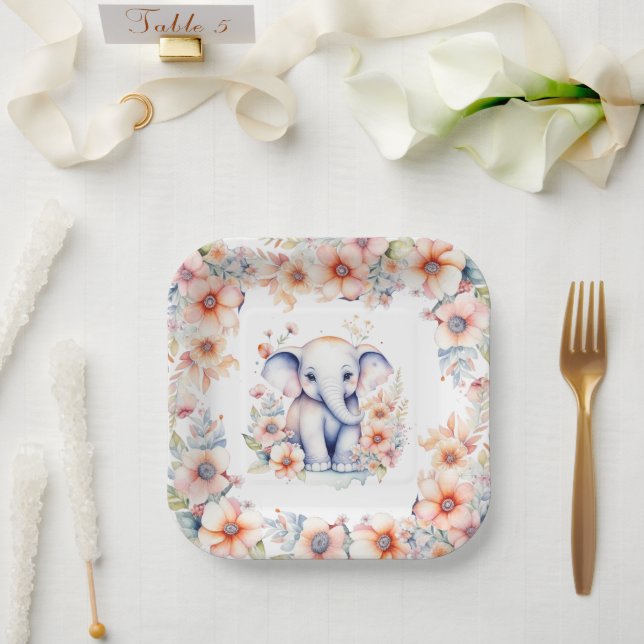 Cute Baby Elephant Girl's Baby Shower  Paper Plates (Wedding)