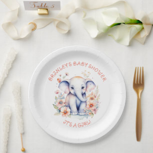 Cute Baby Elephant Girl's Baby Shower  Paper Plates