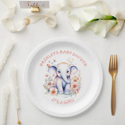 Cute Baby Elephant Girls Baby Shower  Paper Plates