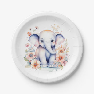 Cute Baby Elephant Girl's Baby Shower  Paper Plates