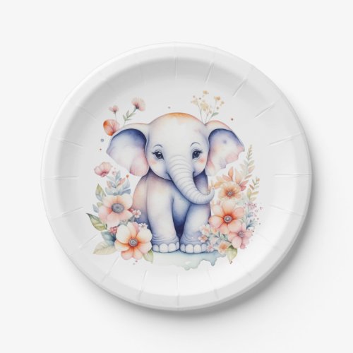 Cute Baby Elephant Girls Baby Shower  Paper Plates