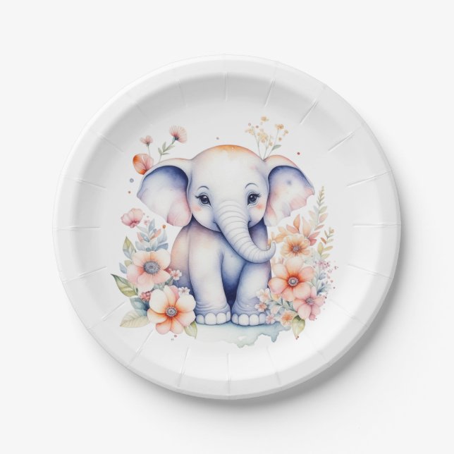 Cute Baby Elephant Girl's Baby Shower  Paper Plates (Front)
