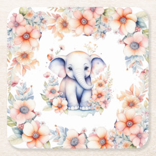 Cute Baby Elephant Girl's Baby Shower Square Paper Coaster