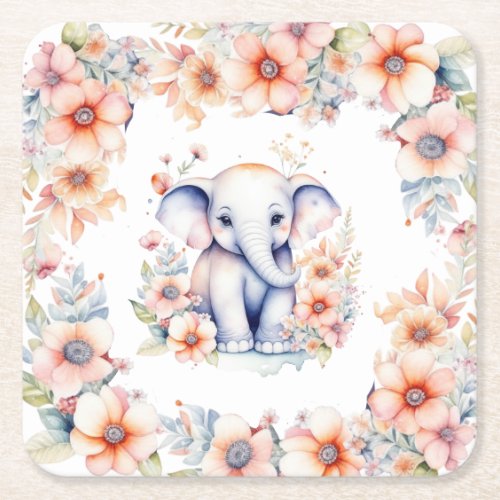 Cute Baby Elephant Girls Baby Shower  Square Paper Coaster