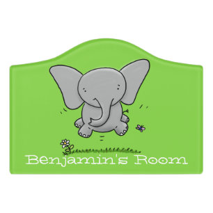 Cute baby elephant green cartoon illustration door sign