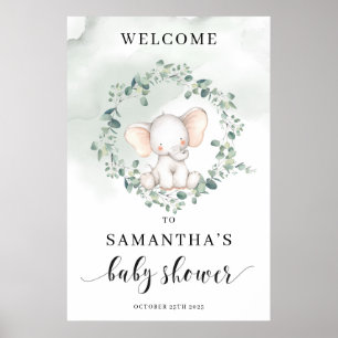 Cute baby elephant green eucalyptus welcome sign
