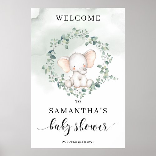 Cute baby elephant green eucalyptus welcome sign