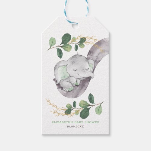 Cute Baby Elephant Greenery Gold Garden Shower Gift Tags