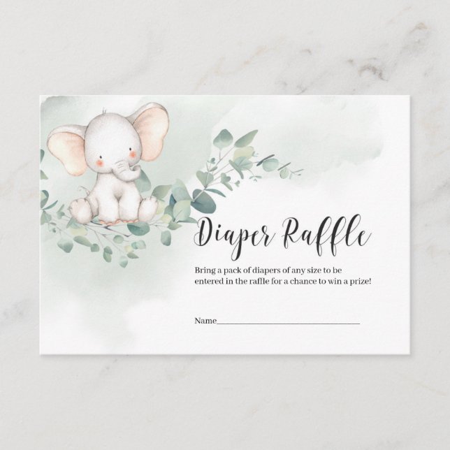 Cute baby elephant greenery leaves diaper raffle enclosure card (Front)