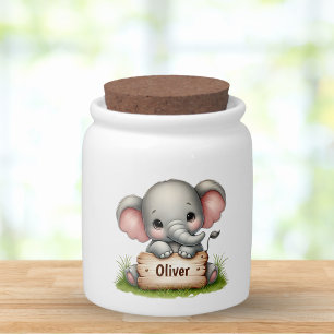 Cute Baby Elephant Holding a Name Sign Candy Jar