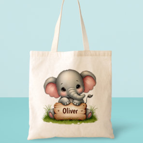 Cute Baby Elephant Holding a Name Sign Tote Bag